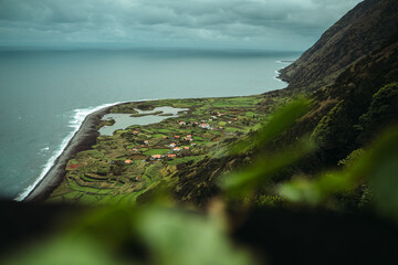 Aerial View of Fajã dos cubres and da Caldeira de Santo Cristo, São Jorge Island, Azores
