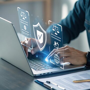 Person using a laptop with futuristic holographic interface displaying legal and security icons and global network symbols