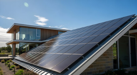 Obraz premium Modern house with solar panels for renewable energy and eco-friendly living showcasing sustainable