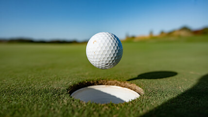 Golf ball falling into the hole on the green grass of a golf course on a sunny day golf