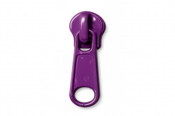 Shiny purple zipper puller, isolated on transparent background, ready to close jackets, bags, or other fashion items