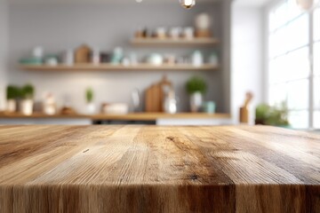 Wooden kitchen table top, blurred interior