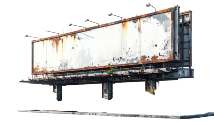 Rusty billboard, empty, weathered, and large.  Concrete supports and a roadside base