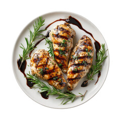 Grilled chicken breasts, drizzled with balsamic glaze, garnished with rosemary