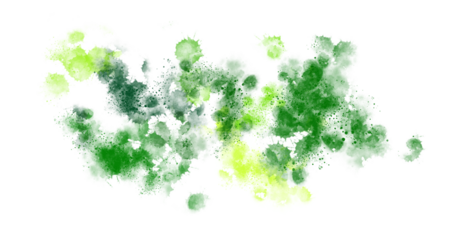 Abstract splattered green paint art with varying shades of green isolated on black.