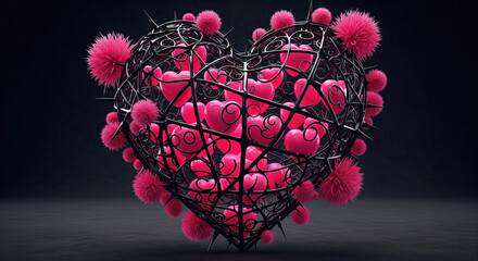 3D rendering of a heart-shaped cage with thorns filled with pink hearts. Abstract concept of protected or painful love.