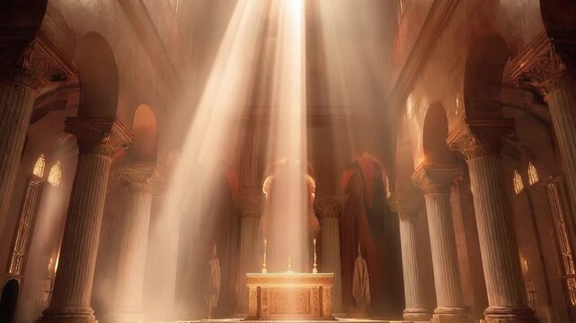 Grand cathedral interior with tall columns and arches, sunlight streaming through to illuminate an altar.