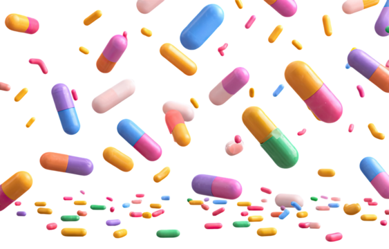 Colorful pills falling in a chaotic pattern