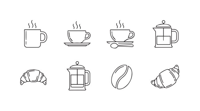 Collection of coffee and pastry icons in a simple line art silhouette style