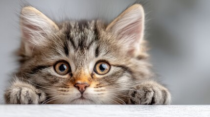 Close up of a curious tabby kitten's face with large amber eyes peering over a white surface