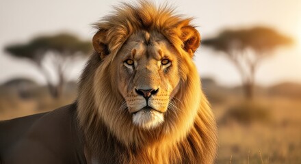 Fototapeta premium Majestic lion portrait in savanna, blurred trees and warm light
