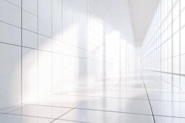 Spacious, bright corridor with white tiles
