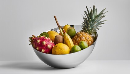 A bowl of fruit with a pineapple in the center