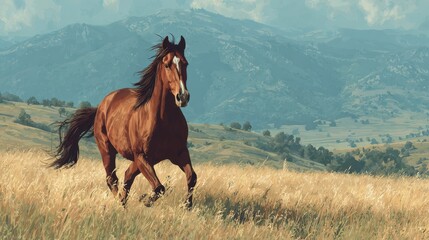 Horse galloping across a golden meadow with mountains in the background during a sunny day