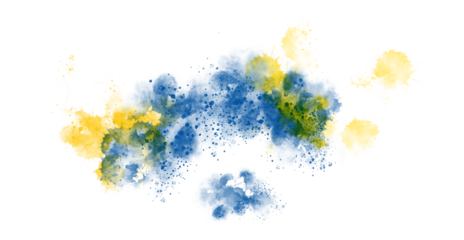 Abstract composition of blue and yellow paint splatters against stark black background.