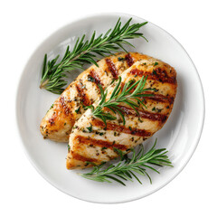 Grilled chicken breasts on a plate, topped with fresh rosemary