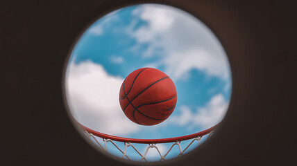 A basketball going through the hoop with a blue sky and clouds in the background on a sunny day golf
