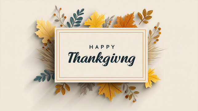 Happy thanksgiving greeting card with autumn leaves and beige frame