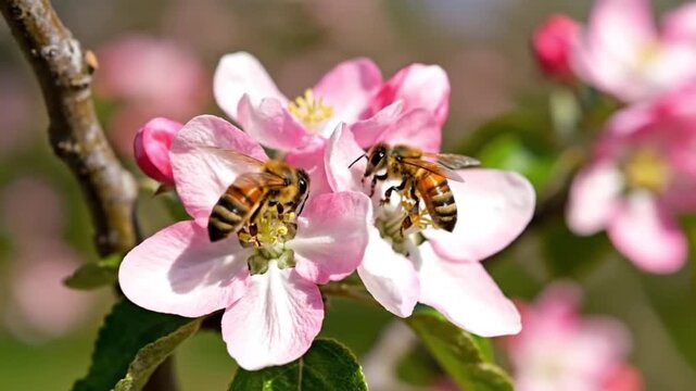 Honeybee on apple blossom flower in spring, close-up macro photo representing pollination, natural growth, and the essential role of bees in agriculture, biodiversity, and fruit production ecosystems