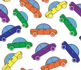 Beautiful funny childish vector seamless background with hand drawn multicolored cars