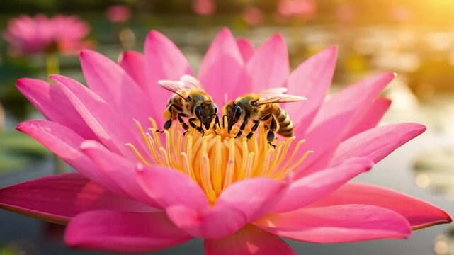 Honeybees gathering nectar on a vibrant pink lotus flower, macro close-up showcasing teamwork, pollination, and the importance of bees in maintaining ecosystems, biodiversity, and agricultural product