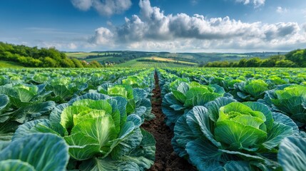 Fototapeta premium Rows of fresh green cabbage plants growing in a vast agricultural field under a blue sky with clouds