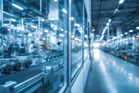 Industrial factory interior, automated assembly line
