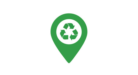 Green map pin icon featuring a recycling symbol, indicating a location for recycling.