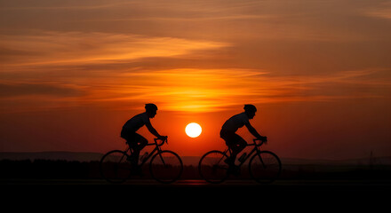 Silhouetted cyclists riding into the sunset symbolizing freedom and healthy lifestyle