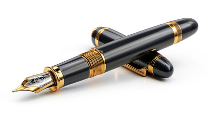 Elegant black fountain pen with gold accents and ornate nib design displayed on clean white background for luxury writing instruments collection