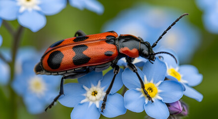 Macro photograph of a four-spotted leaf beetle resting on a vibrant blue flower bloom