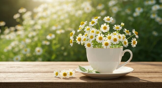 A delicate white teacup filled with daisies sits on a wooden table, bathed in sunlight, with a field of daisies out of focus behind it