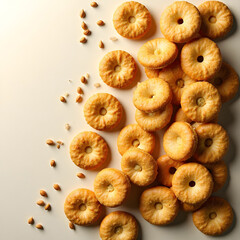 Overhead view of ring shaped crackers with seeds on light surface