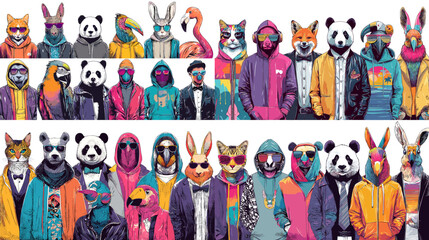 Trendy anthropomorphic animal characters wearing colorful streetwear and sunglasses, combining pop culture, fashion, and urban art style.