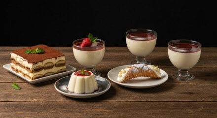 A display of Italian desserts.  Three panna cotta, a tiramisu, and a panna cotta in a shallow dish sit on a wooden surface against a dark background.  Fresh berries and mint garnish the desserts