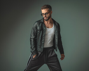 Fototapeta premium cool fashion man with sunglasses holding hand in pocket and posing