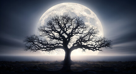 Silhouette of a majestic tree against a supermoon backdrop creating a mystic scenery