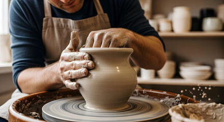Close-up of a skilled potter shaping clay on a spinning wheel in a bright studio showing creativity
