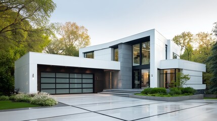 A newly designed, luxury modern home with large windows and a front garden, set against a clear blue sky
