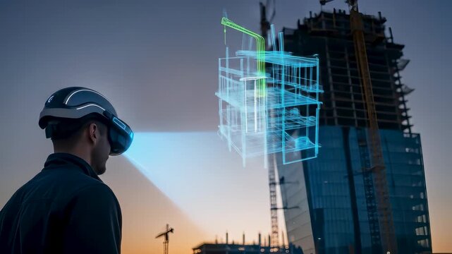 A male engineer using smart construction helmet with AR projection, digital building visualization, futuristic safety technology for modern architecture, engineering, innovation construction solution