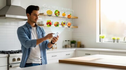 Man using predictive AI nutrition app with holographic meal planning, smart diet tracking, and personalized healthy food recommendations using artificial intelligence in modern kitchen technology