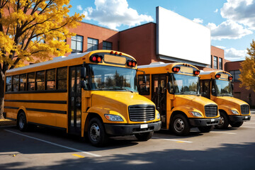 Obraz premium three yellow school buses parked near school under autumn trees, white banner on school wall