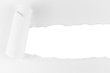 white ripped paper hole with rolled up edge frame isolated on white or transparent png