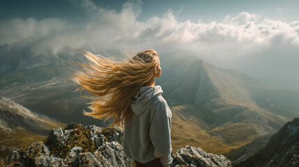 Woman with flowing golden hair stands on rocky mountain peak overlooking misty valley landscape with dramatic stormy clouds and ethereal sunlight breaking through
