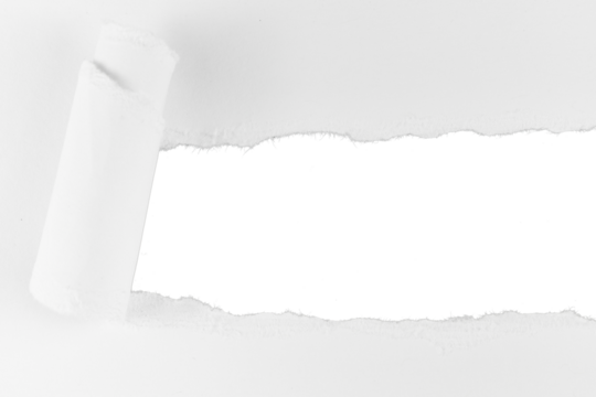 white ripped paper hole with rolled up edge frame isolated on white or transparent png