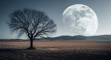 A solitary tree in a vast field under a giant moon captivating nature's beauty