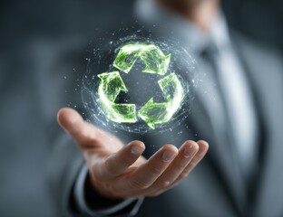 Businessman holds holographic recycling symbol
