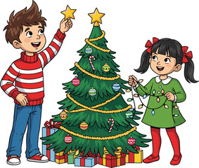 Happy kids decorating Christmas tree with star topper, holiday gifts, festive lights, winter celebration, joyful children, family