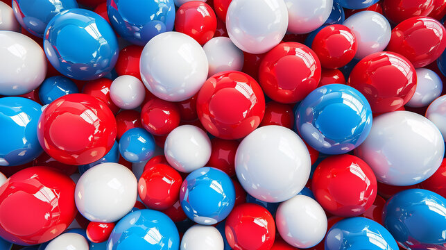 Abstract Spheres Pattern Seamless Design with Red, White and Blue Orbs. Modern Backdrop. A modern tiled pattern featuring glossy red, white, and blue spheres. Perfect for backgrounds, textiles, and di