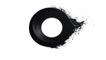 Abstract ring-shaped form on black background, with a dark, textured ring, and a trail of glittery particles streaming outward